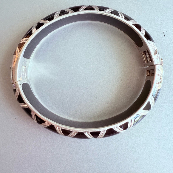 Angelique de Paris Black & 925 Sterling Silver "X" Hinged Bangle 13mm Bracelet - Picture 5 of 9